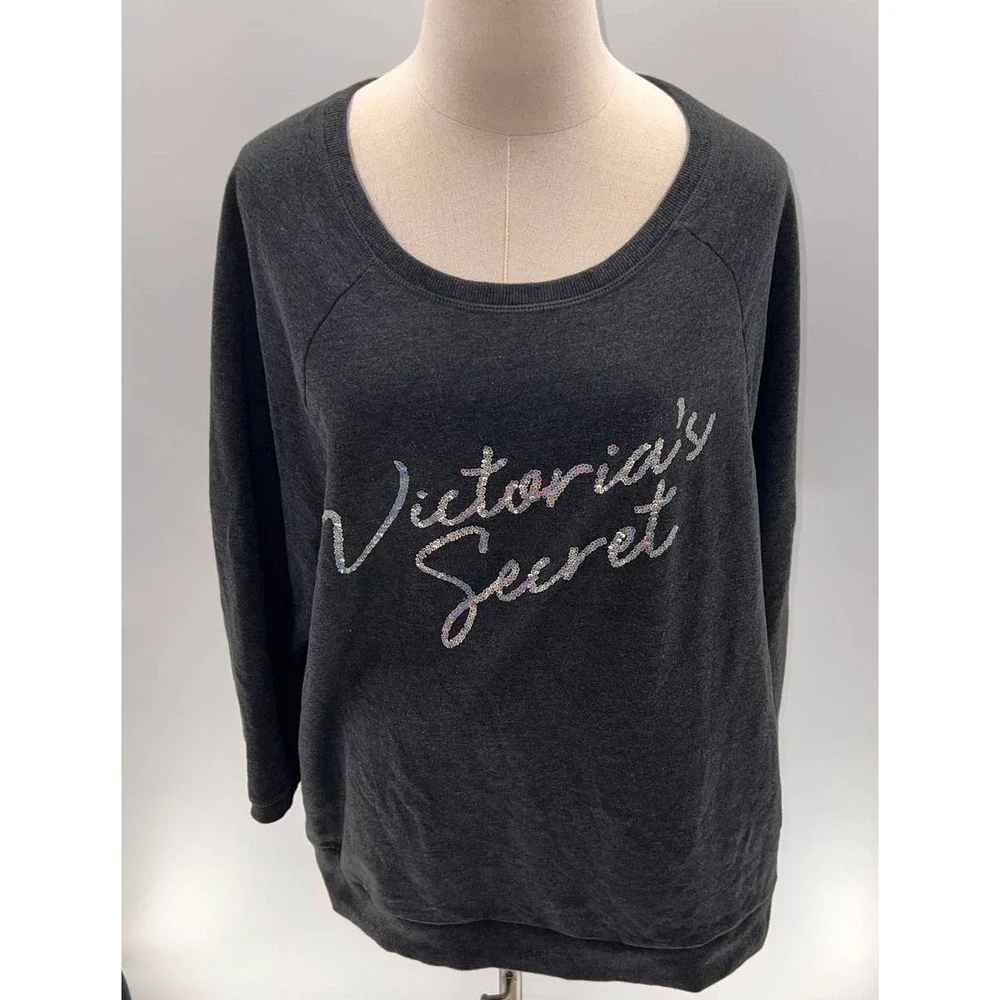 Victoria's Secret Gray with Sequin Graphic Crew Neck Pull Over Sweater- L - Picture 2 of 13